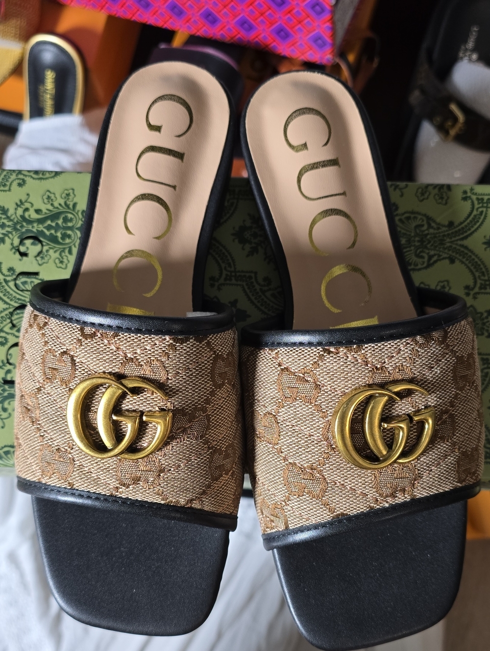 Gucci Brown GG Canvas Slide Sandals with Gold Double G